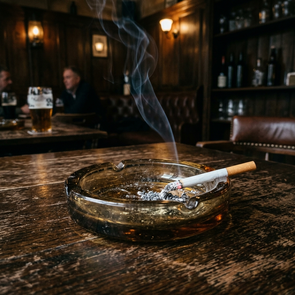 Vintage pub ashtray with lit cigarette